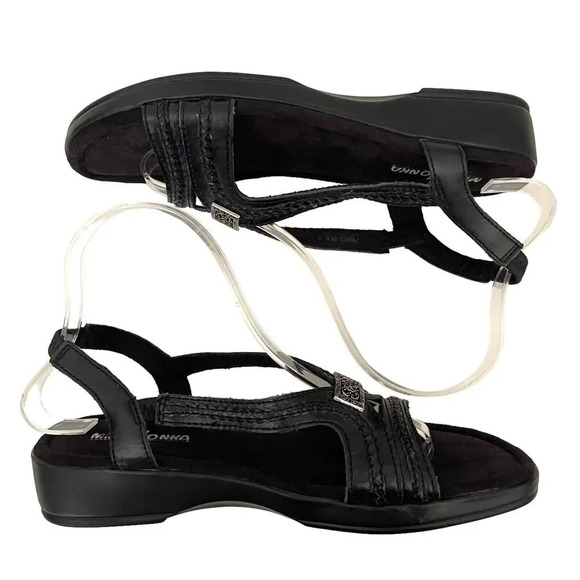 Minnetonka Open Toe Leather Sandal Size 8 Black Comfort 799972 - Picture 6 of 8